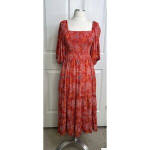 Angie Tiered Midi Dress Women's Small Smocked Coral Red Floral Flaw* Pockets